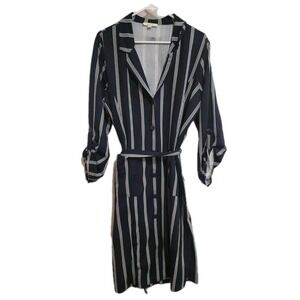 Love In Striped Button Front Shirtdress 1XL Navy White Roll Tab Sleeve Belted